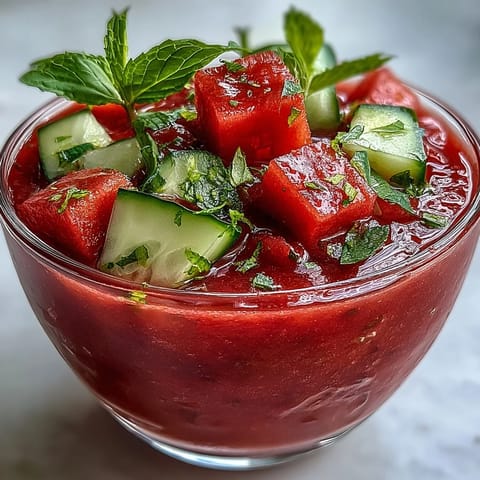 Bright pink Vegan Watermelon Mint Gazpacho with Cucumber and Lime served chilled in a glass bowl, garnished with fresh mint and diced cucumbers.