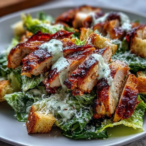 Protein-packed Caesar salad with grilled chicken, creamy Greek yogurt dressing, and crunchy sourdough croutons on a bed of fresh romaine.  