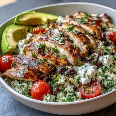 Low-calorie burrito bowl featuring zesty cilantro-lime cauliflower rice, seasoned chicken breast, cherry tomatoes, and creamy avocado, topped with Greek yogurt.  