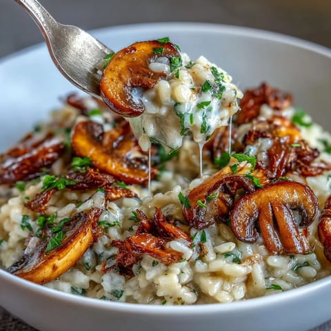 Wild mushroom risotto with truffle oil, creamy Arborio rice cooked to perfection with earthy mushrooms and a fragrant truffle drizzle.  