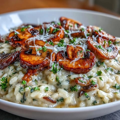 Silky wild mushroom risotto topped with truffle oil, featuring tender mushrooms and rich Parmesan for an elegant, vegetarian main course.  