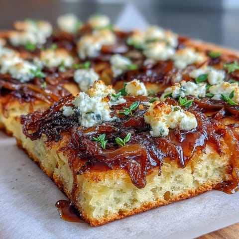 A golden flatbread layered with sweet caramelized onions, creamy goat cheese, and fresh thyme for a savory Mediterranean appetizer.
