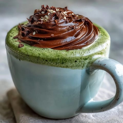 A creamy black sesame matcha latte with frothy milk and a swirl of nutty sesame paste.  