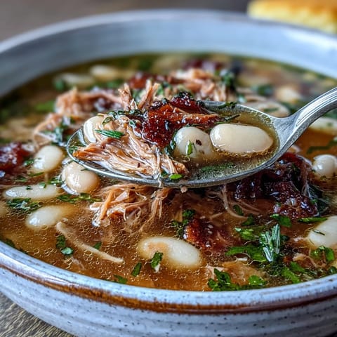 A steaming bowl of ham hock and bean soup, rich with tender beans and smoky meat, served with golden cornbread on the side.