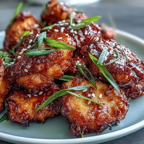 Golden-brown Korean fried chicken with a sticky gochujang glaze, served fresh from the air fryer for maximum crunch.  
