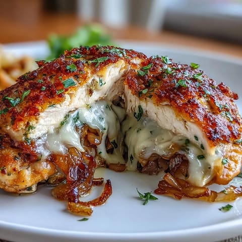 French Onion Stuffed Chicken Breasts with caramelized onions and melted Gruyère cheese, seared to golden perfection and baked until juicy.