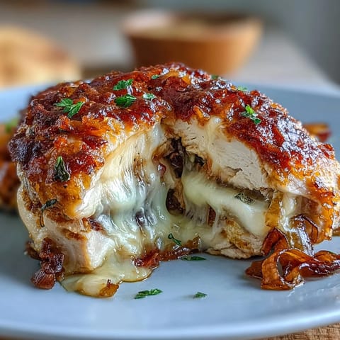 Tender chicken breasts filled with rich, savory caramelized onions and bubbling Gruyère, served hot from the oven with a golden Parmesan crust.