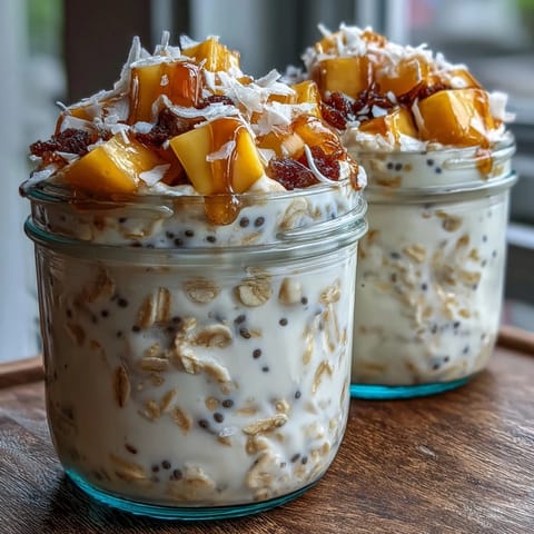 A vibrant bowl of overnight oats with juicy mango chunks and toasted coconut flakes for a tropical breakfast treat.