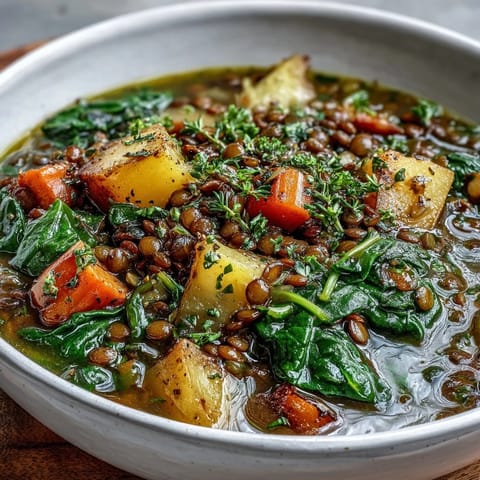 Hearty green lentil stew with carrots and potatoes, simmered with aromatic herbs for a nourishing vegetarian meal.  
