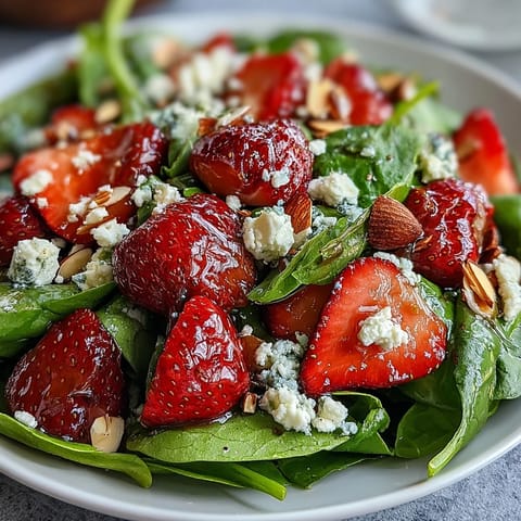 A colorful spinach strawberry salad with creamy feta and crunchy almonds, drizzled with tangy poppy seed dressing.  