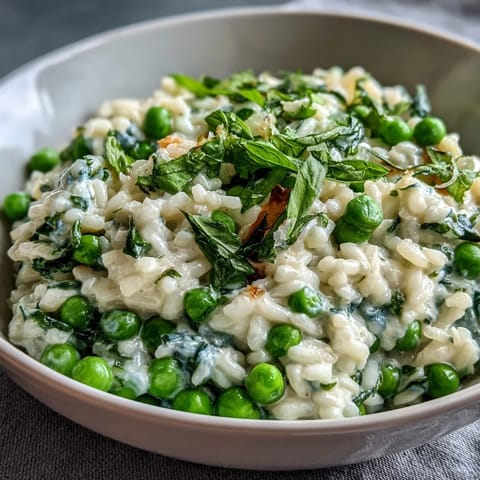 A creamy spring pea and mint risotto topped with Parmesan cheese, served in a white bowl with fresh mint garnish.
