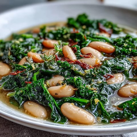 Hearty kale and white bean soup with lemon and garlic, steaming in a rustic bowl, garnished with fresh parsley.  