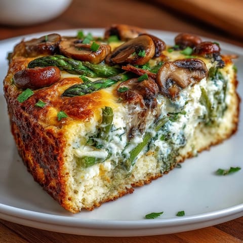 A golden sourdough crust cradles tender asparagus and sautéed mushrooms in this savory frittata, topped with melted Gruyère and fresh chives.  