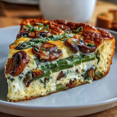 Baked to perfection, this asparagus and mushroom frittata features a crisp sourdough base, creamy egg filling, and a sprinkle of Parmesan for extra flavor.  