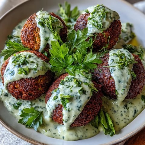Crispy air fryer falafel served with vibrant green tahini sauce and fresh herbs.  