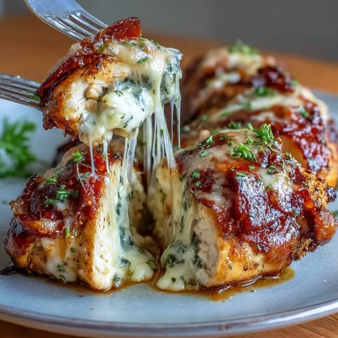 Keto pizza-stuffed chicken breasts with gooey mozzarella and pepperoni, seared and baked to golden perfection.  