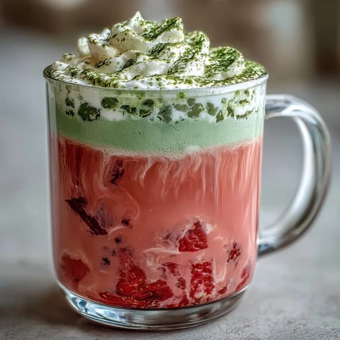 Warm strawberry matcha latte in two mugs, garnished with fresh strawberry slices and a sprinkle of matcha powder, perfect for cozy evenings.
