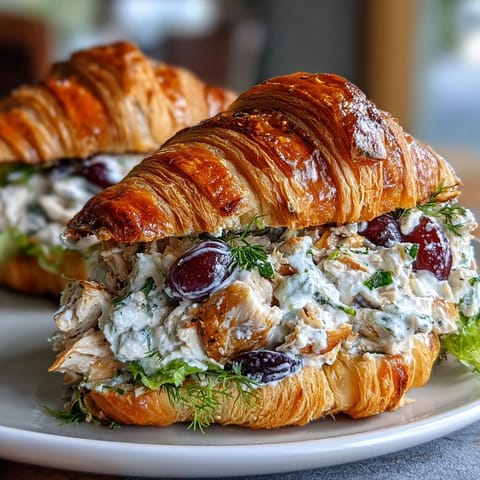 Golden croissants filled with tender chicken, sweet red grapes, and crunchy celery for a refreshing picnic meal.  