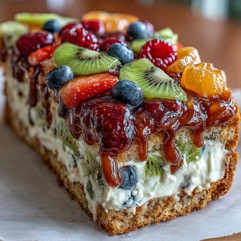 Vibrant Summer Party Fruit Pizza with Cookie Crust topped with creamy frosting and colorful fresh berries and kiwi slices.  