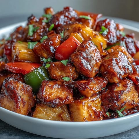 Sweet and sour chicken pineapple skillet with tender chicken, colorful peppers, and juicy pineapple in a glossy homemade sauce.  