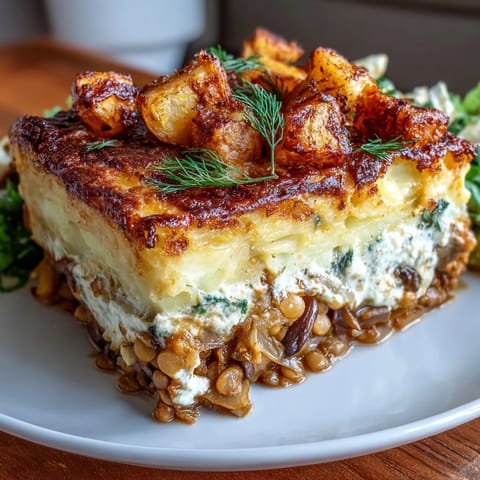 Hearty vegetarian Shepherds Pie with lentils and mushrooms, topped with creamy mashed potatoes and baked until golden.  