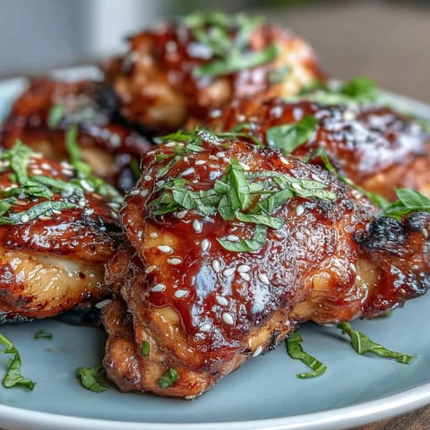 Honey Garlic Baked Chicken Thighs with golden crispy skin and a glossy honey garlic glaze.  