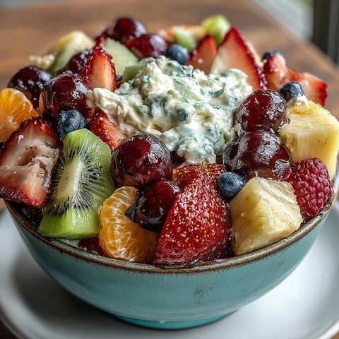 Rainbow Fruit Table with Coconut Whipped Cream: a colorful spread of fresh berries, citrus, and melon paired with creamy coconut topping.