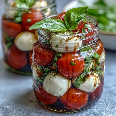 Mason Jar Caprese Salad with vibrant cherry tomatoes, creamy mozzarella, and fresh basil, drizzled with balsamic dressing, perfect for picnics.