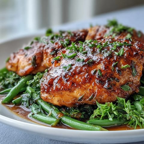 Honey Mustard Chicken with Green Beans served in a cast-iron skillet, golden chicken glazed in tangy sauce beside bright green beans.