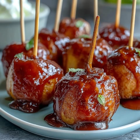 Vibrant mini candy apple bites on toothpicks, coated in glossy red candy shell for a festive treat.