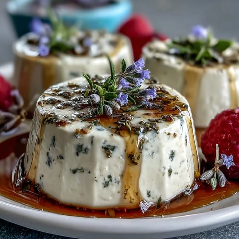 Silky honey lavender panna cotta with a golden honey drizzle, garnished with fresh berries and edible flowers.