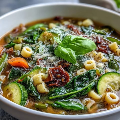 Vibrant bowl of Spring Minestrone soup filled with fresh green vegetables, tender pasta, and fragrant herbs.