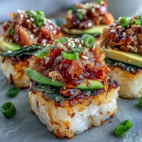 Crispy golden rice squares topped with spicy tuna and creamy avocado slices for a perfect sushi appetizer.  