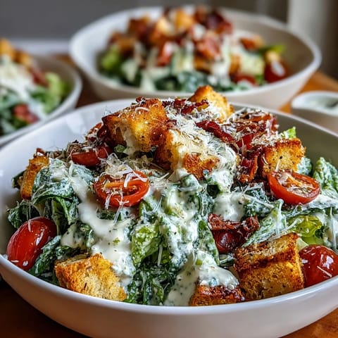 Creamy tahini Caesar salad with crisp romaine, cherry tomatoes, and crunchy croutons in a tangy lemon-tahini dressing.