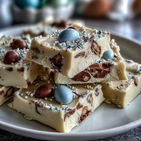 White chocolate Easter bark with pastel candy eggs and pistachios on a festive dessert platter.