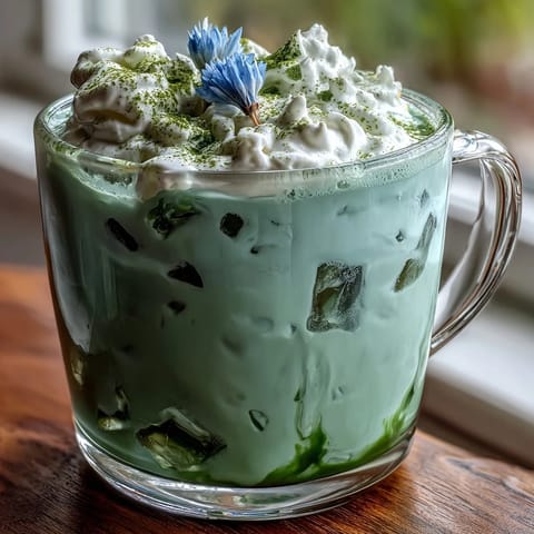 Silky vanilla cold foam crowns a refreshing iced matcha latte, ideal for special occasions.