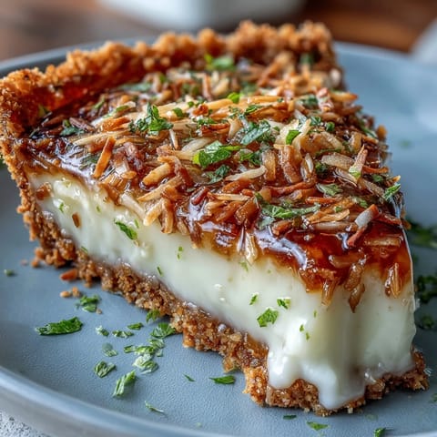 A creamy coconut lime tart with a golden graham cracker crust, garnished with whipped cream and toasted coconut.