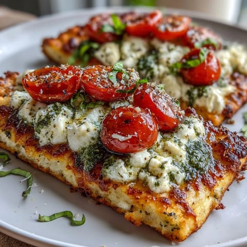 Viral Cottage Cheese Flatbread with Pesto and Tomato, golden and crisp, topped with vibrant basil pesto and juicy cherry tomatoes.