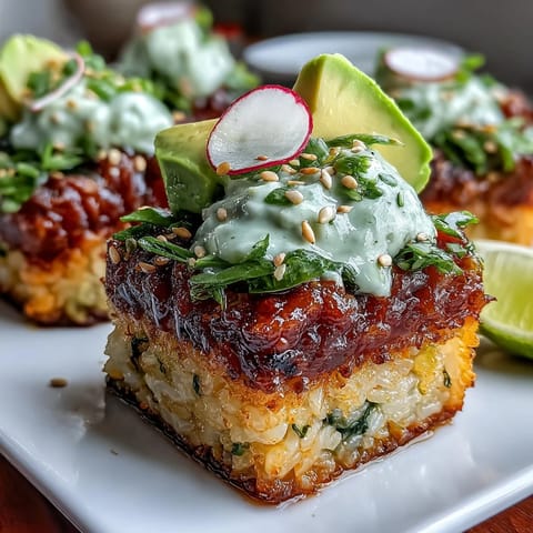 A colorful bowl of crispy rice salad with creamy avocado, spicy tuna, and crunchy veggies, drizzled with zesty soy-ginger dressing.  