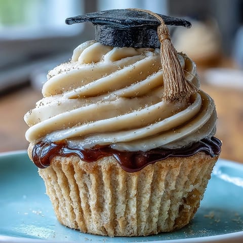 Adorable graduation cupcakes topped with handmade black and gold fondant caps, perfect for celebrating academic milestones.