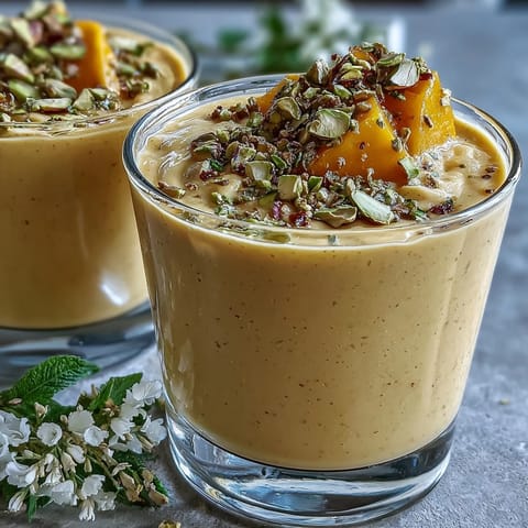 Creamy mango lassi smoothie blended with fragrant cardamom, perfect for a hot day.