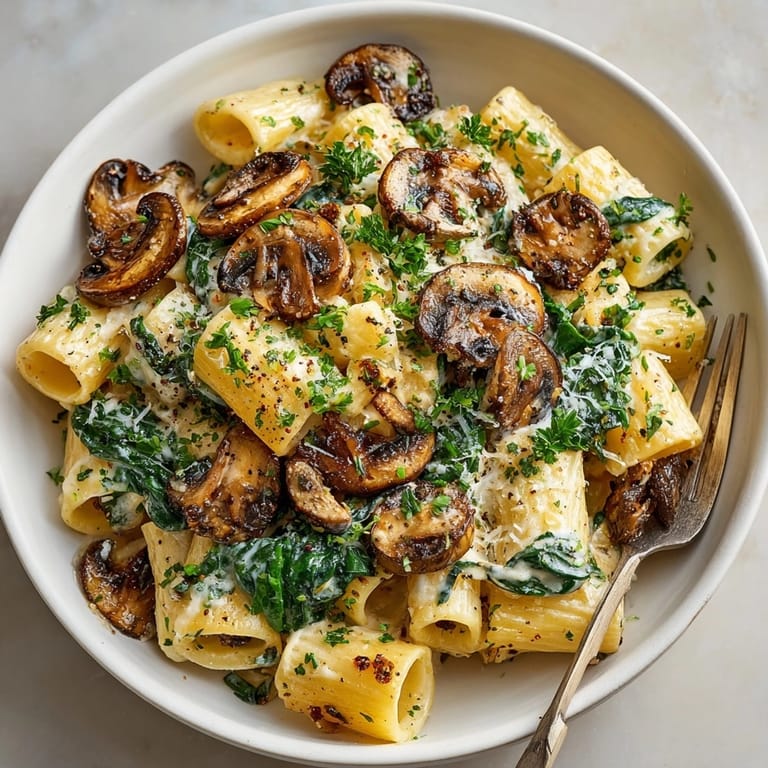 A comforting bowl of One-Pan Creamy Mushroom &amp; Spinach Pasta; cheesy, quick weeknight dinner.