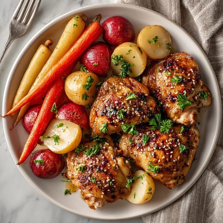 Close-up of glazed Honey Garlic Butter Chicken Thighs; savory aroma & sweet taste.