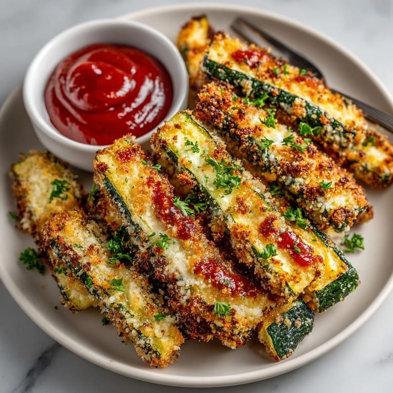 Oven-baked Parmesan Zucchini Fries, a healthy appetizer seasoned with herbs and savory cheese.