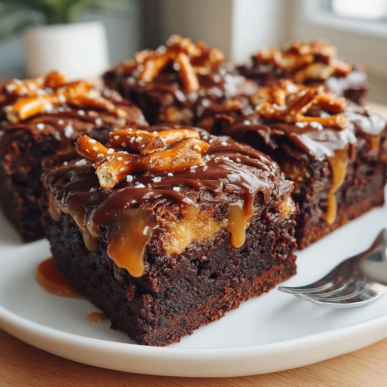 Close up of delicious Salted Caramel Pretzel Brownies, sprinkled with sea salt before serving.