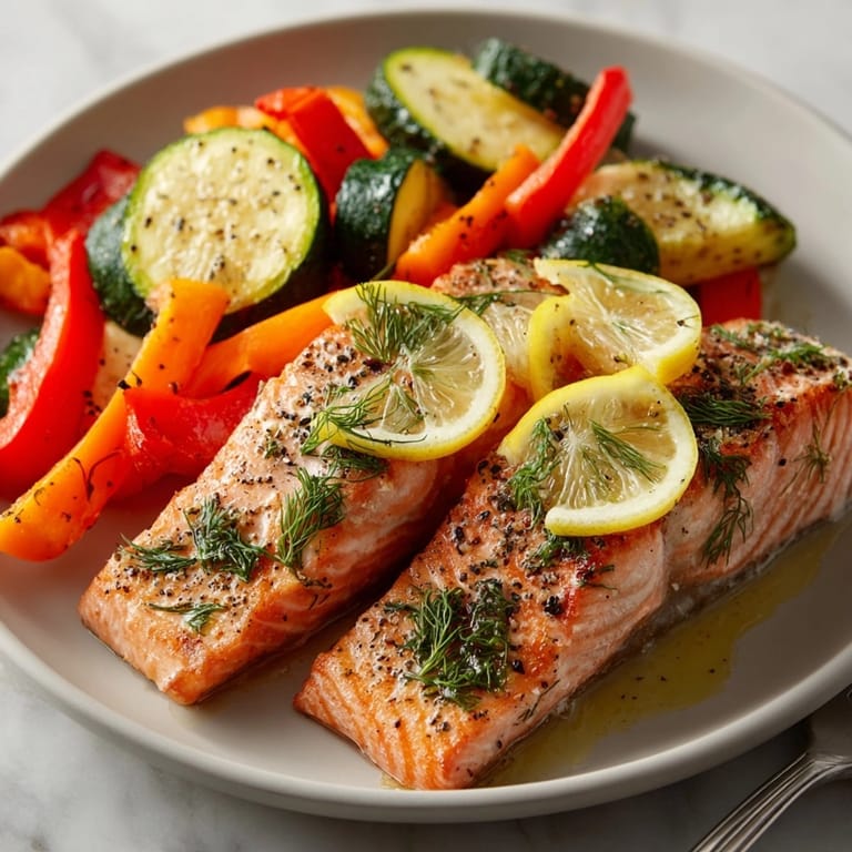 Golden, flaky Sheet Pan Lemon Herb Salmon and Veggies, ready for a quick weeknight dinner.