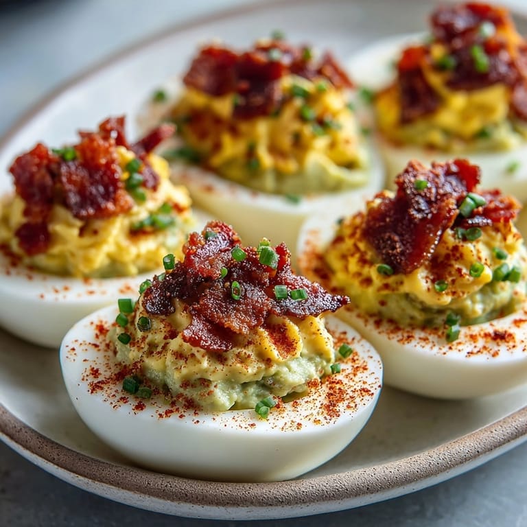 Easy Deviled Eggs recipe featuring avocado and bacon; a flavorful, low-carb appetizer.