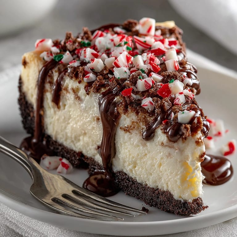 Perfectly layered White Chocolate Peppermint Bark Cheesecake, baked and cooling with festive holiday peppermint on top.