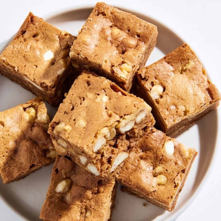 Homemade blondies, a delicious and easy dessert, baking in a parchment lined pan.