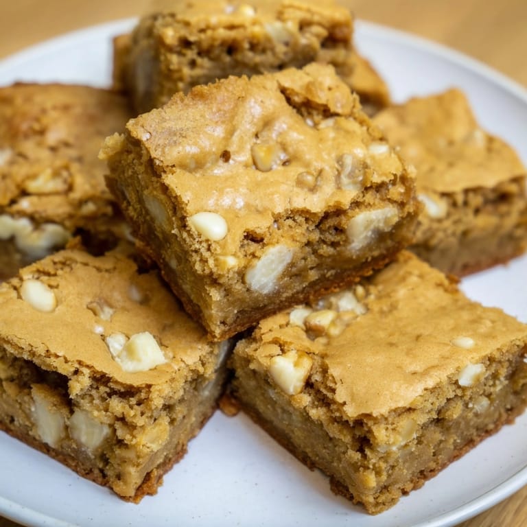 Warm, fudgy blondies with a crisp top, ready to be sliced and served with ice cream.